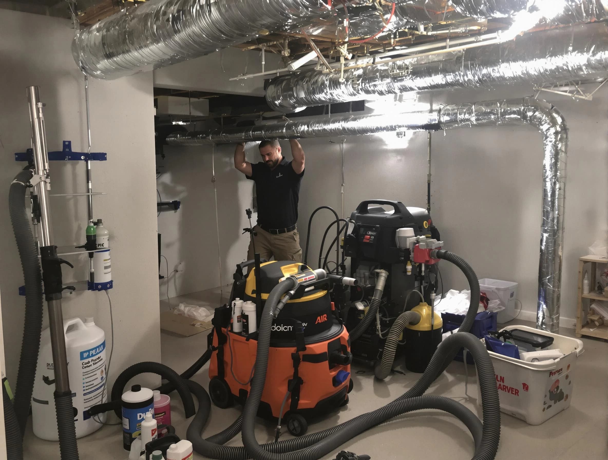 Adams Air Duct Cleaning specialist performing professional mold removal from air ducts using safety equipment in Adams