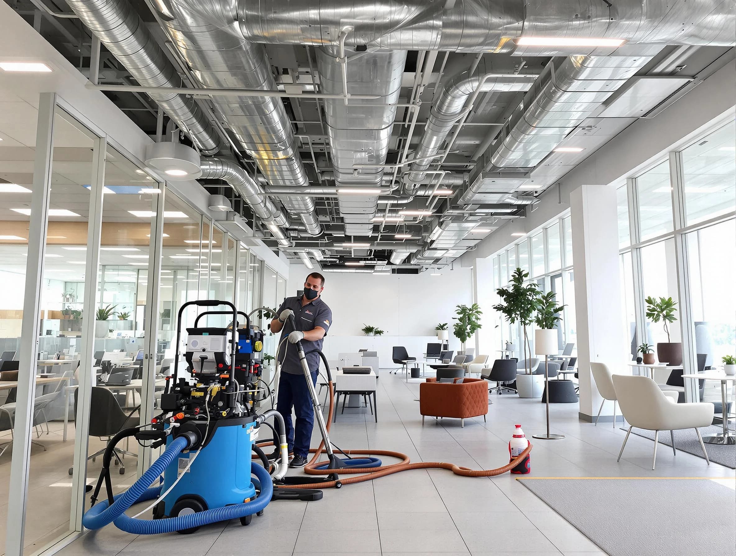 Adams Air Duct Cleaning team conducting comprehensive commercial duct cleaning at a business location in Adams