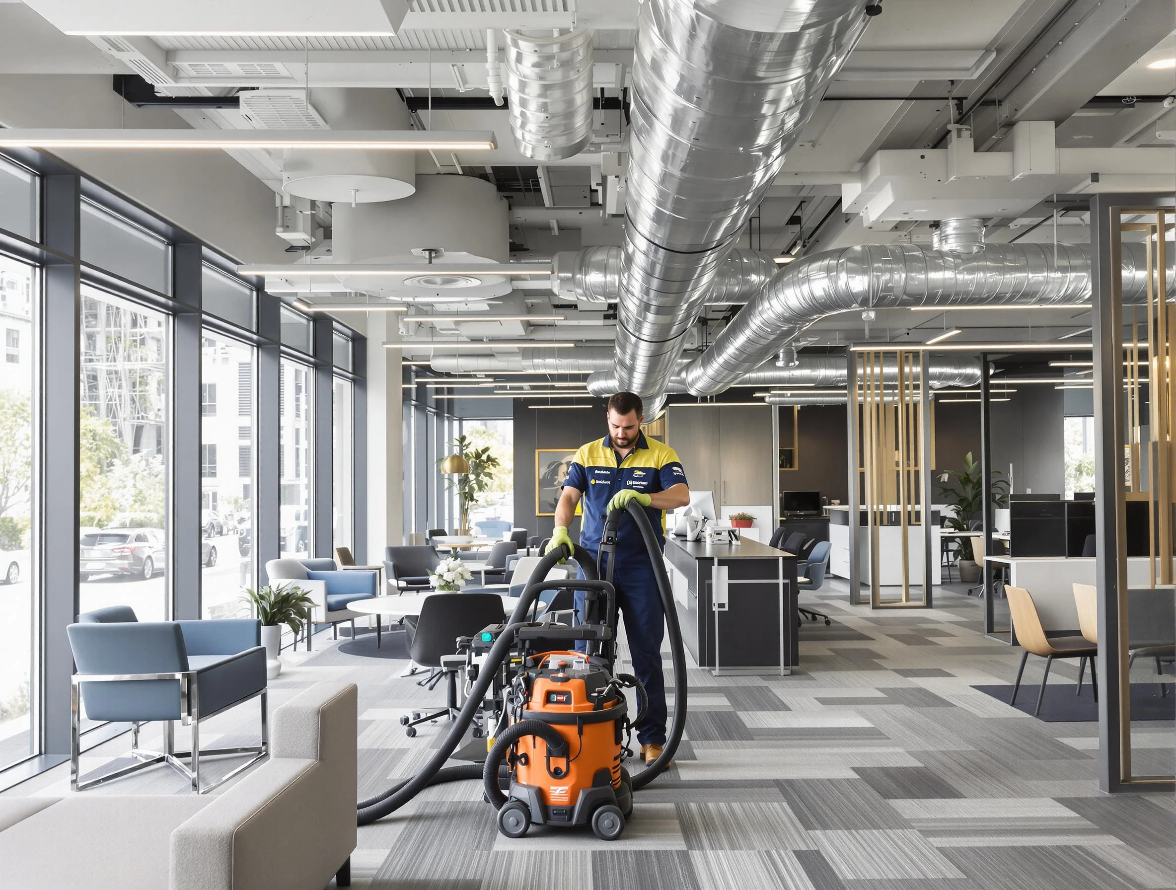 Adams Air Duct Cleaning team performing thorough commercial duct cleaning at a Adams business center